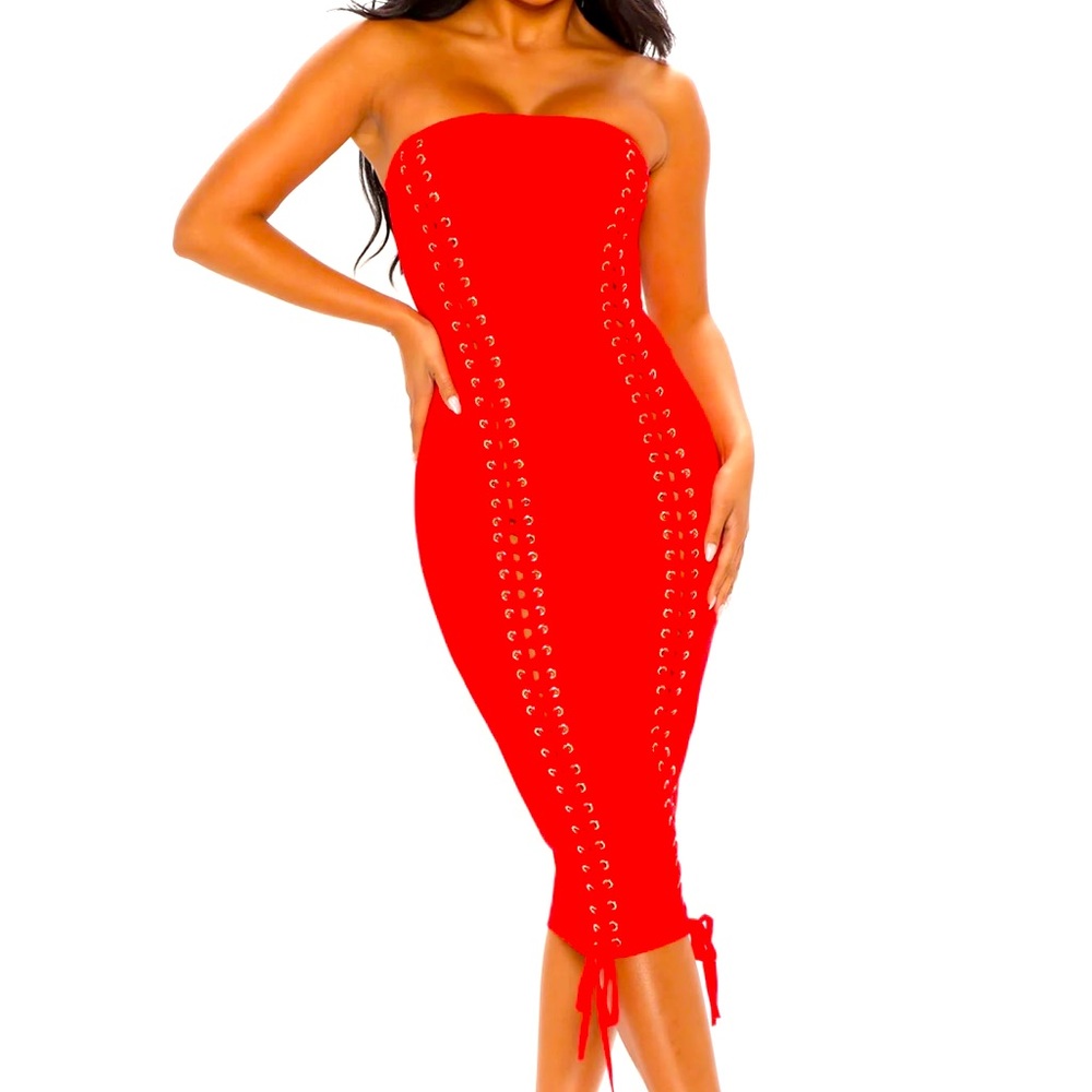 Red Strapless Midi Dress NWT